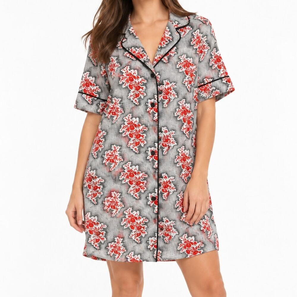 Topshop NWT Souvenir Red Black Floral Linen Blend Button Front Shirt Dress US 6